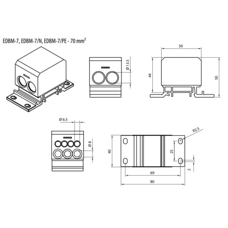 Блок розподільчий EDBM-7 (192А, 1500V AC/DC, OUT: 1x4-70; 3x2,5-25; 4x2,5-16) ETI