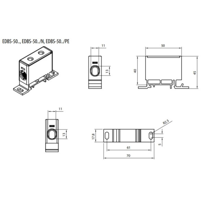 Ввідна силова клема EDBS-50B/PE (150А, 690V AC, 16-70 mm2) ETI