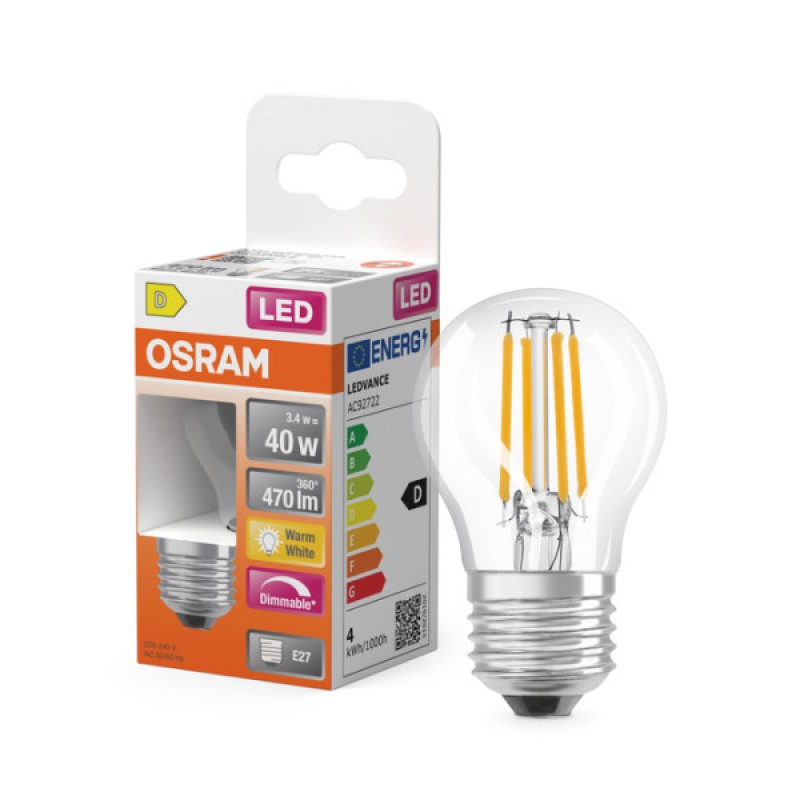 Лампа LED Osram CL P DIM 3.4W/827 230V FIL E27 40