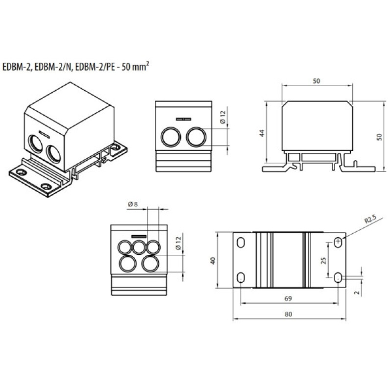 Блок розподільчий EDBM-2/PE (160А, 1500V AC/DC, OUT: 1x4-50; 2x4-35; 3x2,5-25) ETI