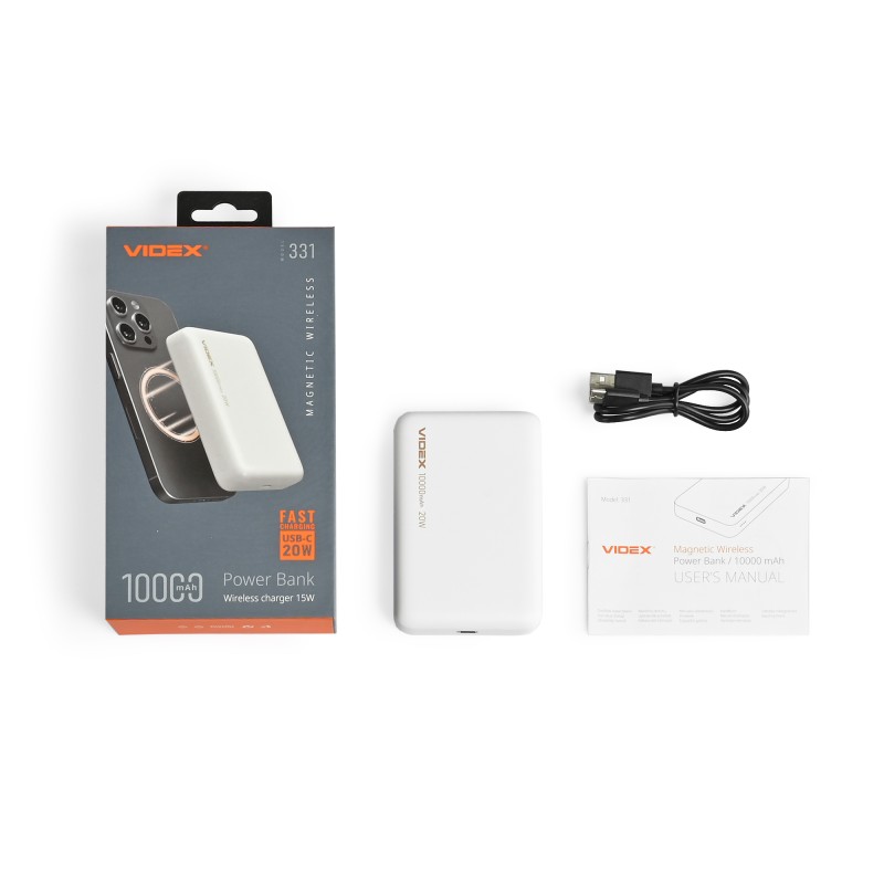 Повербанк з бездротовою зарядкою 10000mAh VIDEX VPB-331 PD20W White