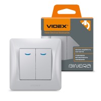 Вимикач двоклавішний з підсвіткою срібний шовк VIDEX BINERA (VF-BNSW2L-SS)